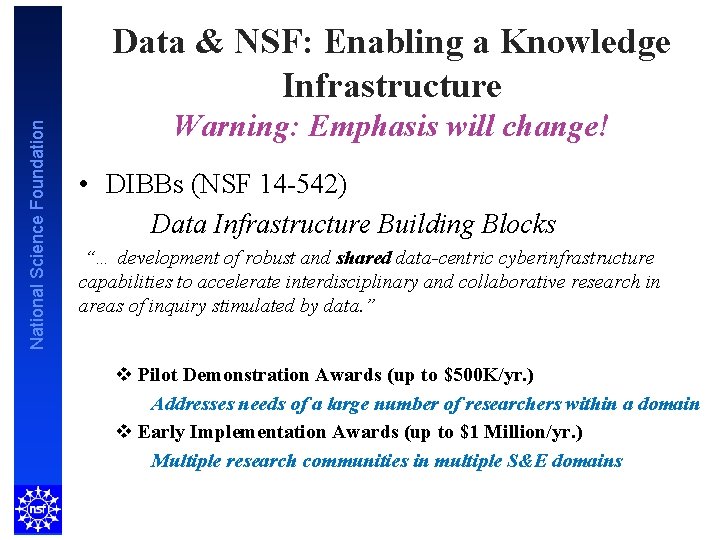 National Science Foundation Data & NSF: Enabling a Knowledge Infrastructure Warning: Emphasis will change!