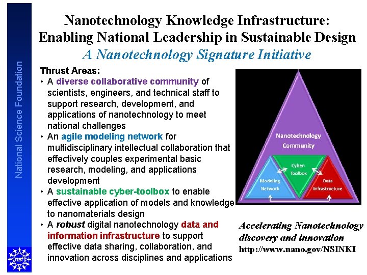 National Science Foundation Nanotechnology Knowledge Infrastructure: Enabling National Leadership in Sustainable Design A Nanotechnology