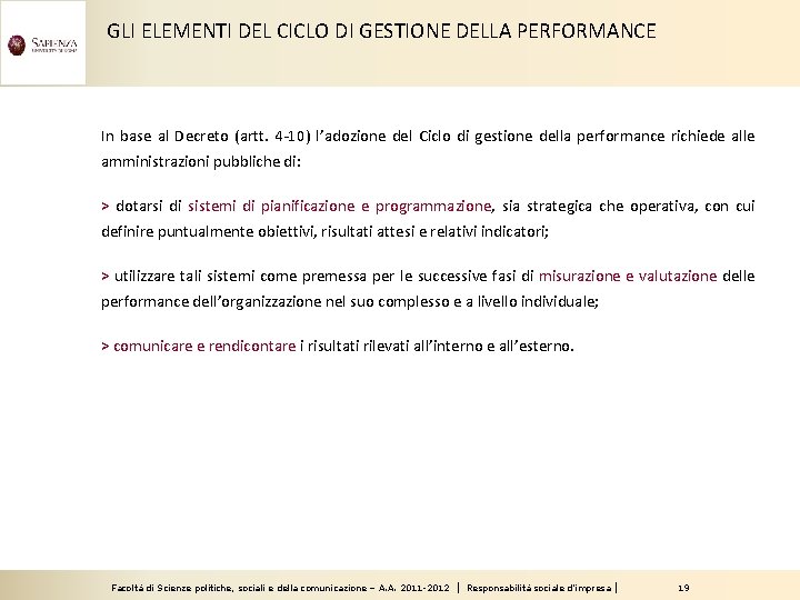 GLI ELEMENTI DEL CICLO DI GESTIONE DELLA PERFORMANCE In base al Decreto (artt. 4