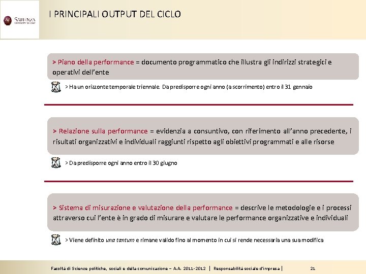 I PRINCIPALI OUTPUT DEL CICLO > Piano della performance = documento programmatico che illustra