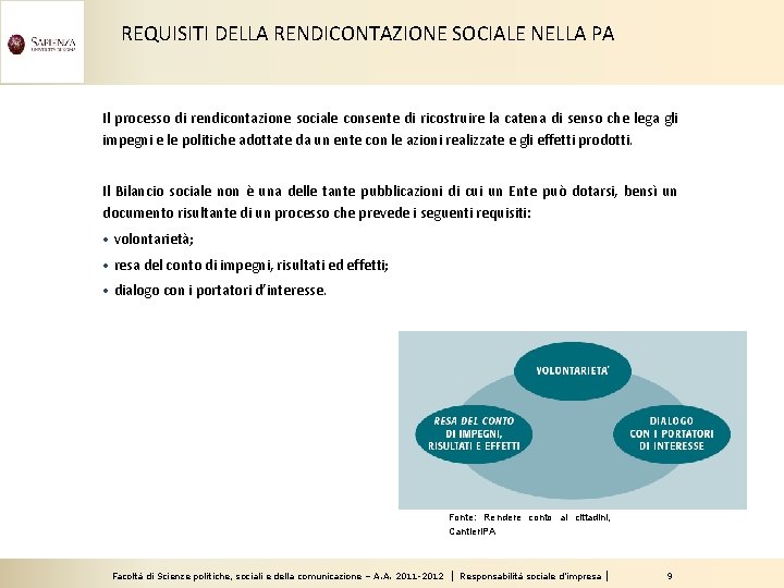 REQUISITI DELLA RENDICONTAZIONE SOCIALE NELLA PA Il processo di rendicontazione sociale consente di ricostruire