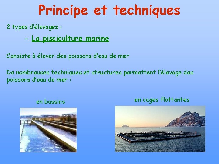 Principe et techniques 2 types d’élevages : - La pisciculture marine Consiste à élever