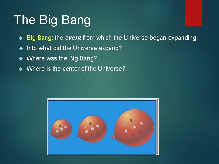 The Big Bang: the event from which the Universe began expanding. Into what did