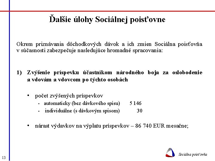 Ďalšie úlohy Sociálnej poisťovne Okrem priznávania dôchodkových dávok a ich zmien Sociálna poisťovňa v