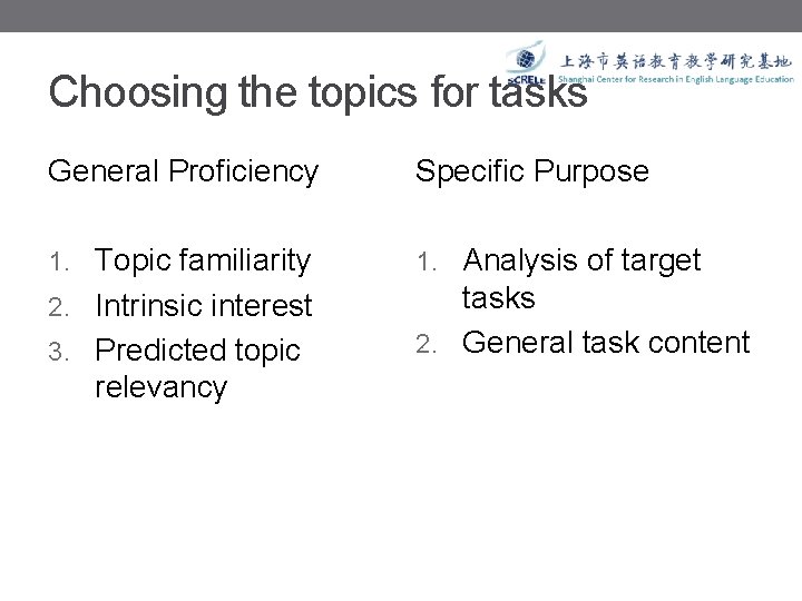 Choosing the topics for tasks General Proficiency Specific Purpose 1. Topic familiarity 1. Analysis