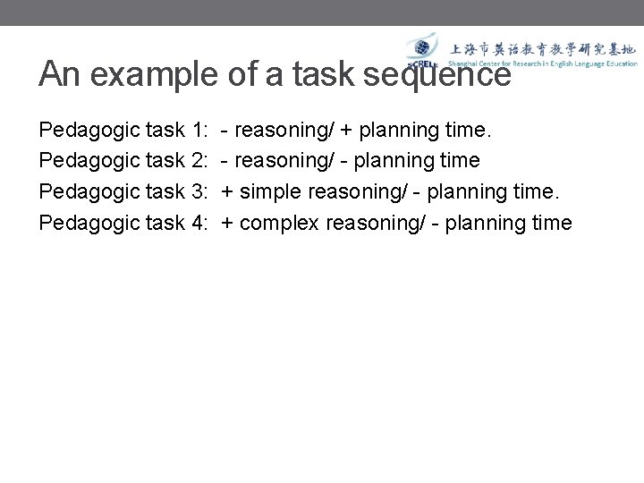 An example of a task sequence Pedagogic task 1: - reasoning/ + planning time.