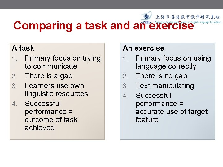Comparing a task and an exercise A task 1. Primary focus on trying to