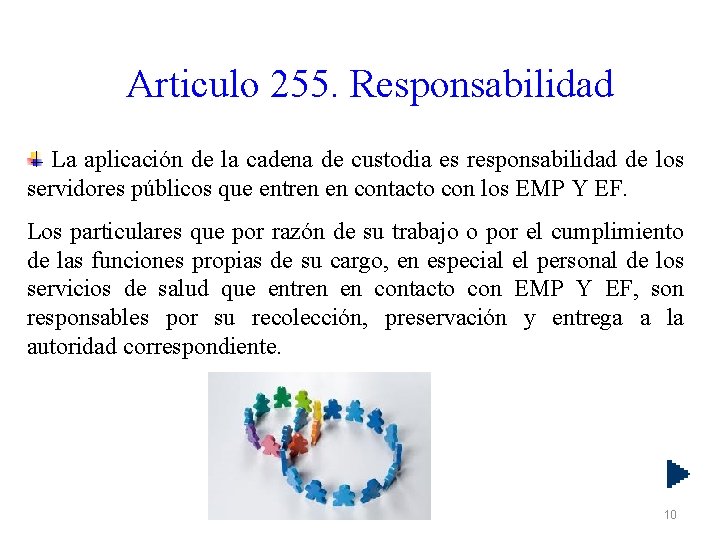 Articulo 255. Responsabilidad La aplicación de la cadena de custodia es responsabilidad de los