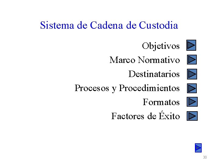 Sistema de Cadena de Custodia Objetivos Marco Normativo Destinatarios Procesos y Procedimientos Formatos Factores