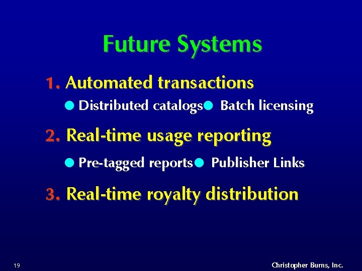 Future Systems 1. Automated transactions Distributed catalogs Batch licensing 2. Real-time usage reporting Pre-tagged