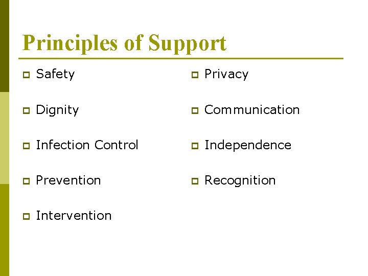 Principles of Support p Safety p Privacy p Dignity p Communication p Infection Control
