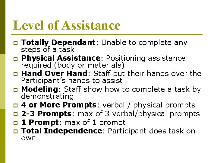 Level of Assistance p p p p Totally Dependant: Unable to complete any steps