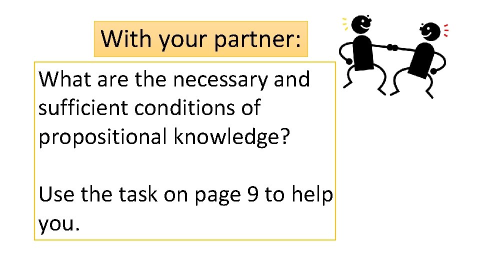 With your partner: What are the necessary and sufficient conditions of propositional knowledge? Use