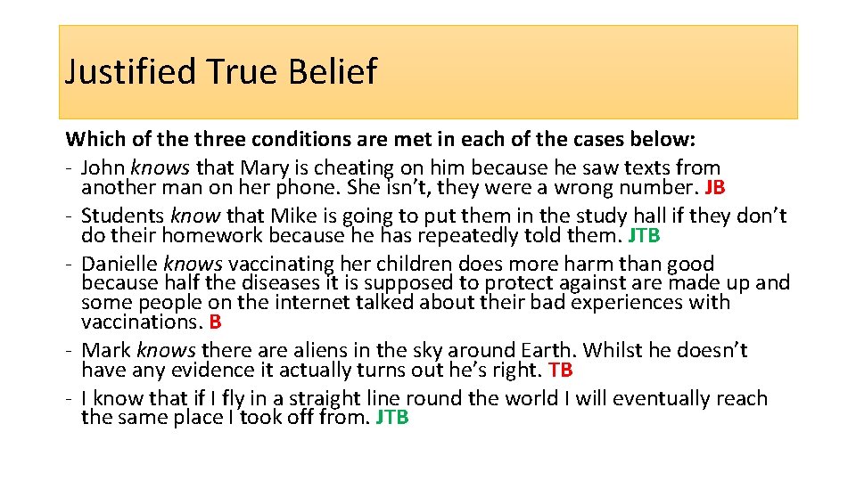 Justified True Belief Which of the three conditions are met in each of the
