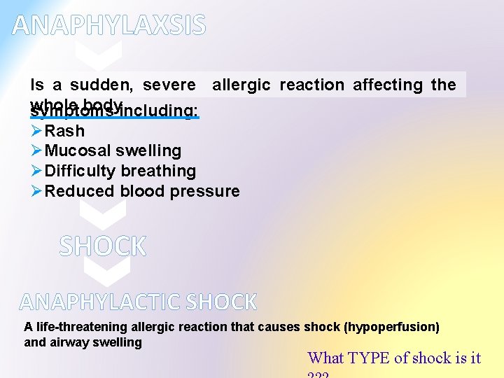 ANAPHYLAXSIS Is a sudden, severe allergic reaction affecting the whole body symptoms including: ØRash