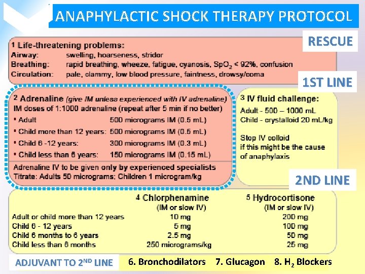 ANAPHYLACTIC SHOCK THERAPY PROTOCOL RESCUE 1 ST LINE 2 ND LINE ADJUVANT TO 2