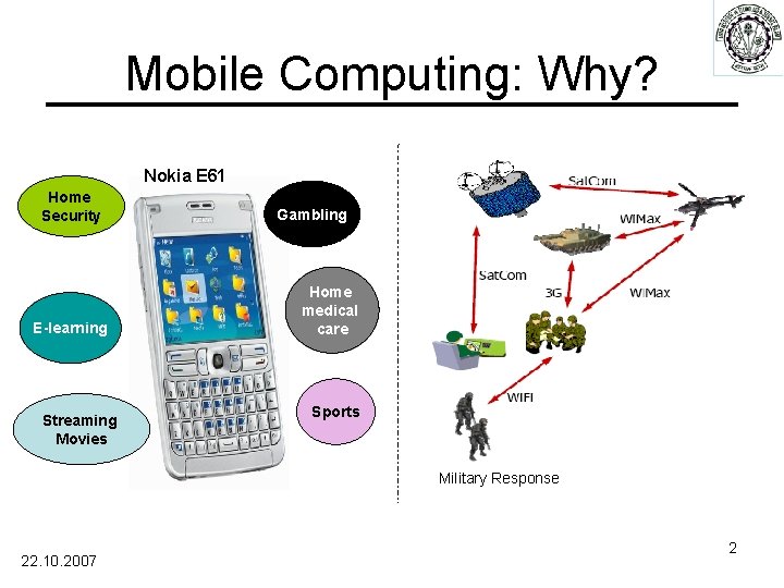 Mobile Computing: Why? Nokia E 61 Home Security E-learning Streaming Movies Gambling Home medical