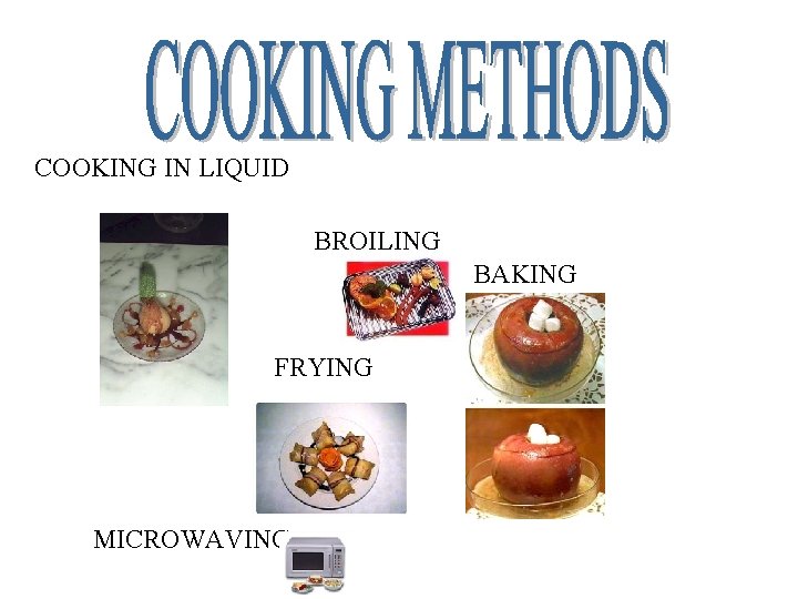 COOKING IN LIQUID BROILING BAKING FRYING MICROWAVING 