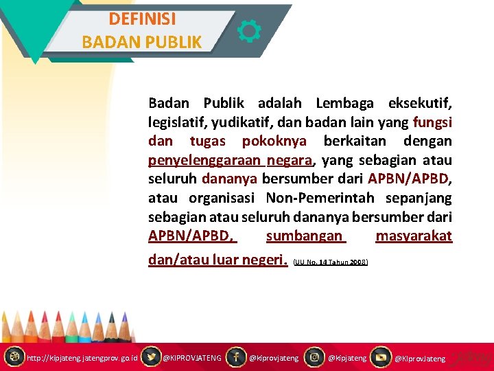 DEFINISI BADAN PUBLIK Badan Publik adalah Lembaga eksekutif, legislatif, yudikatif, dan badan lain yang