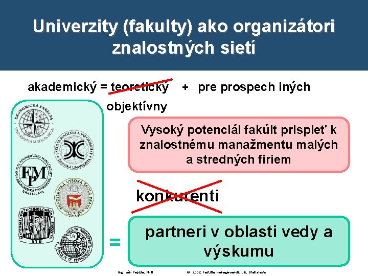 Univerzity (fakulty) ako organizátori znalostných sietí akademický = teoretický + pre prospech iných objektívny