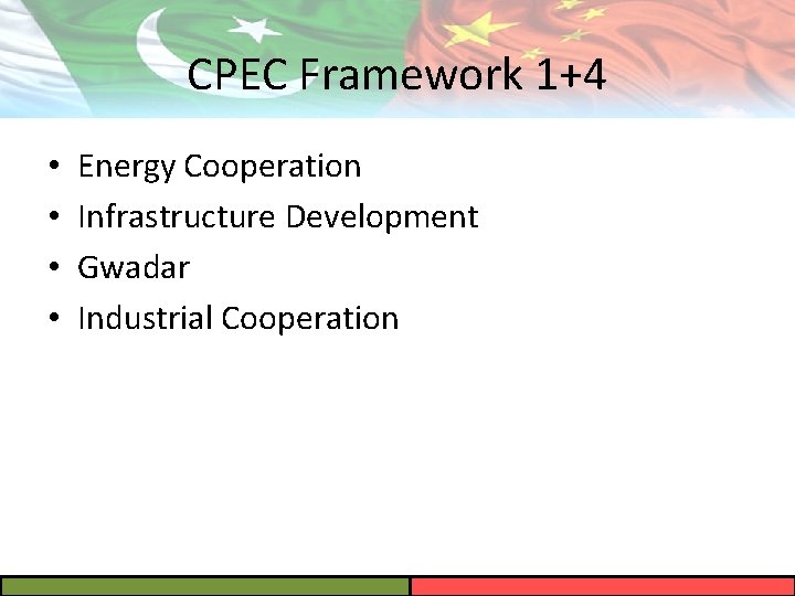 CPEC Framework 1+4 • • Energy Cooperation Infrastructure Development Gwadar Industrial Cooperation 