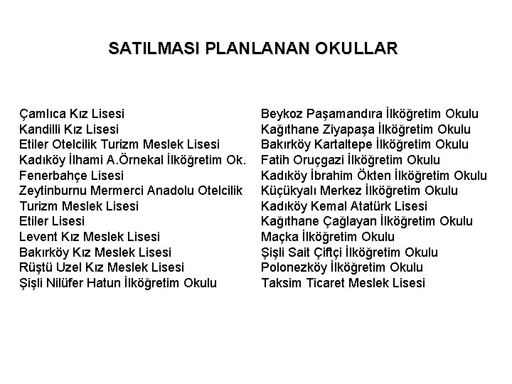 SATILMASI PLANLANAN OKULLAR Çamlıca Kız Lisesi Kandilli Kız Lisesi Etiler Otelcilik Turizm Meslek Lisesi