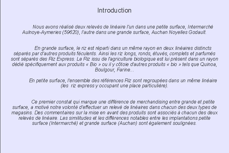 Introduction Nous avons réalisé deux relevés de linéaire l'un dans une petite surface, Intermarché