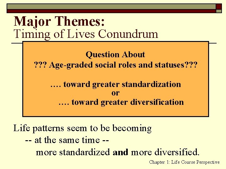 Major Themes: Timing of Lives Conundrum Question About ? ? ? Age-graded social roles