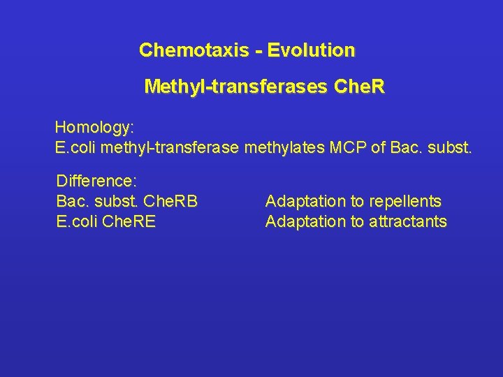 Chemotaxis - Evolution Methyl-transferases Che. R Homology: E. coli methyl-transferase methylates MCP of Bac.