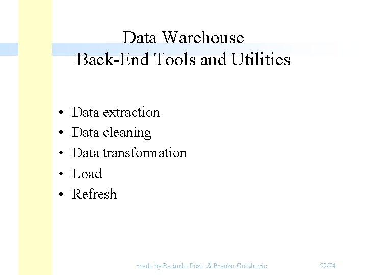 Data Warehouse Back-End Tools and Utilities • • • Data extraction Data cleaning Data Data Warehouse Back-End Tools and Utilities • • • Data extraction Data cleaning Data