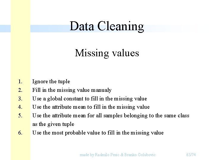 Data Cleaning Missing values 1. 2. 3. 4. 5. 6. Ignore the tuple Fill Data Cleaning Missing values 1. 2. 3. 4. 5. 6. Ignore the tuple Fill