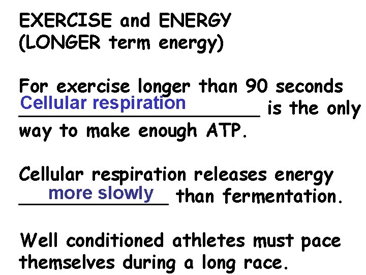 EXERCISE and ENERGY (LONGER term energy) For exercise longer than 90 seconds Cellular respiration