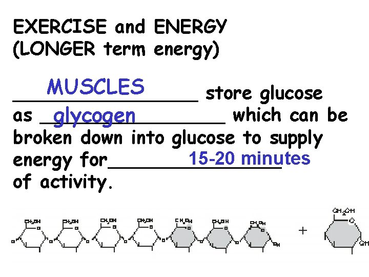 EXERCISE and ENERGY (LONGER term energy) MUSCLES ________ store glucose as ________ which can