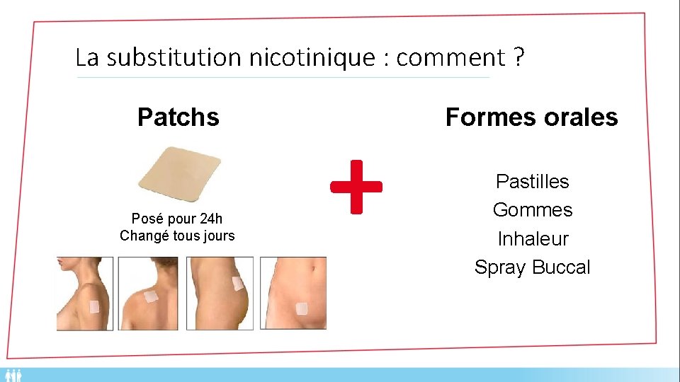 La substitution nicotinique : comment ? Patchs Posé pour 24 h Changé tous jours