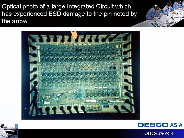 Optical photo of a large Integrated Circuit which has experienced ESD damage to the