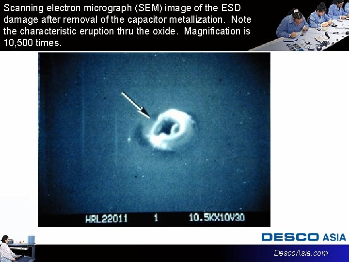 Scanning electron micrograph (SEM) image of the ESD damage after removal of the capacitor