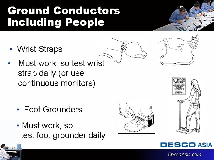 Ground Conductors Including People • Wrist Straps • Must work, so test wrist strap
