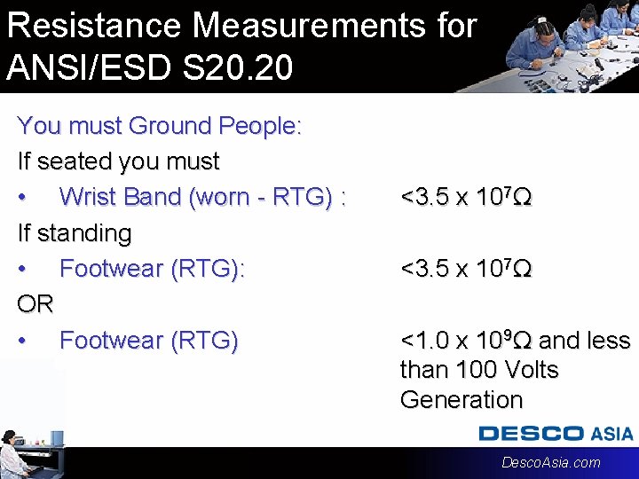Resistance Measurements for ANSI/ESD S 20. 20 You must Ground People: If seated you Resistance Measurements for ANSI/ESD S 20. 20 You must Ground People: If seated you