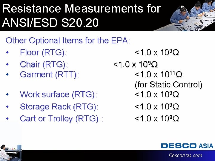 Resistance Measurements for ANSI/ESD S 20. 20 Other Optional Items for the EPA: • Resistance Measurements for ANSI/ESD S 20. 20 Other Optional Items for the EPA: •