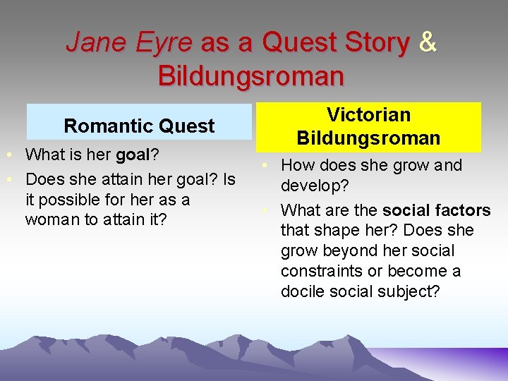 Jane Eyre as a Quest Story & Bildungsroman Romantic Quest • What is her