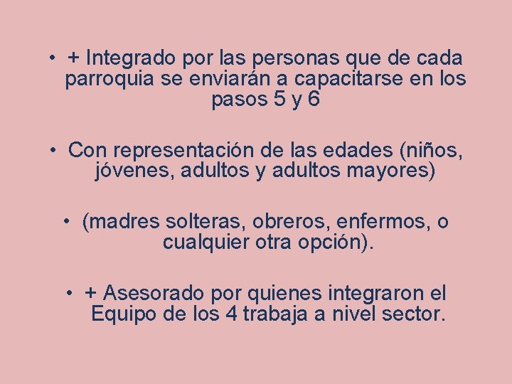  • + Integrado por las personas que de cada parroquia se enviarán a