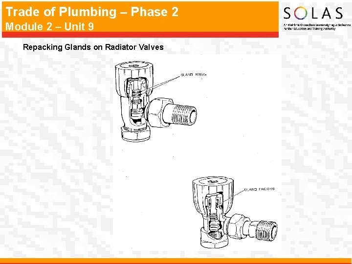 Trade of Plumbing – Phase 2 Module 2 – Unit 9 Repacking Glands on