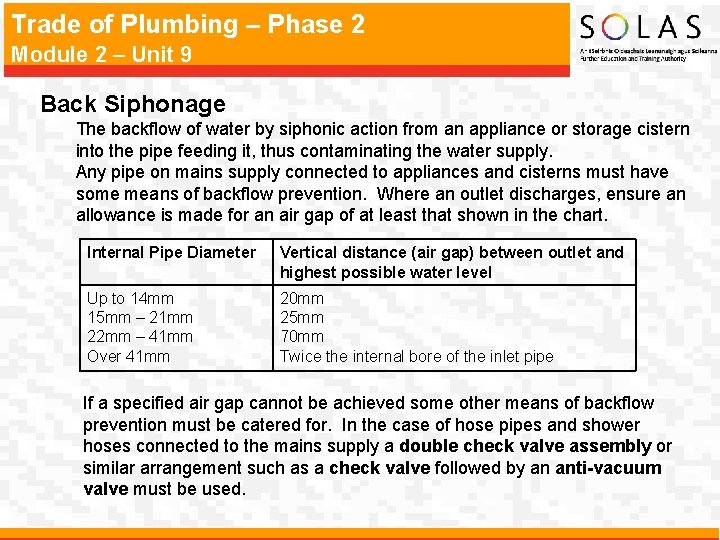 Trade of Plumbing – Phase 2 Module 2 – Unit 9 Back Siphonage The