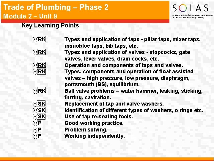 Trade of Plumbing – Phase 2 Module 2 – Unit 9 Key Learning Points