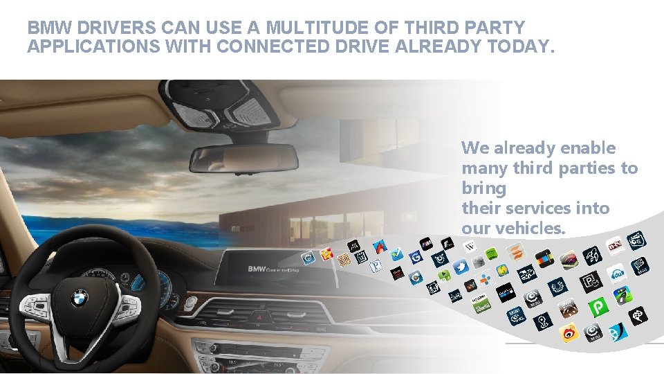 BMW DRIVERS CAN USE A MULTITUDE OF THIRD PARTY APPLICATIONS WITH CONNECTED DRIVE ALREADY