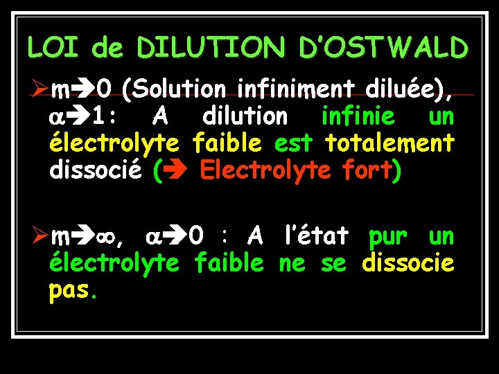 LOI de DILUTION D’OSTWALD Øm 0 (Solution infiniment diluée), 1: A dilution infinie un