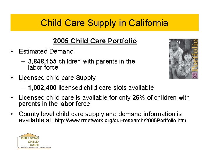 Child Care Supply in California 2005 Child Care Portfolio • Estimated Demand – 3,