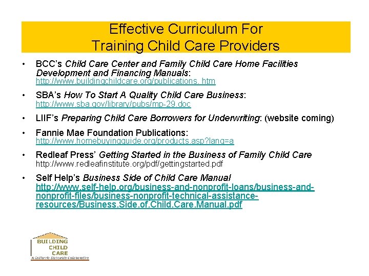 Effective Curriculum For Training Child Care Providers • BCC’s Child Care Center and Family