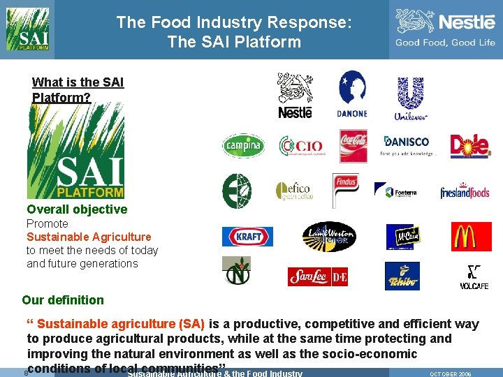 The Food Industry Response: The SAI Platform What is the SAI Platform? Overall objective