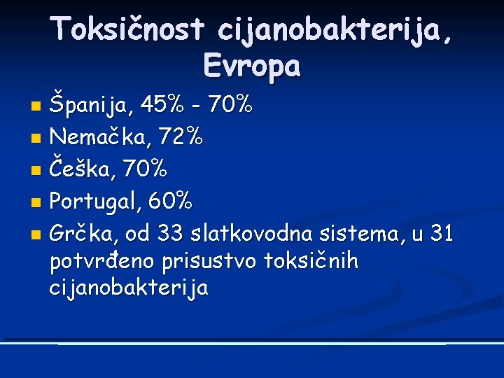 Toksičnost cijanobakterija, Evropa Španija, 45% - 70% n Nemačka, 72% n Češka, 70% n